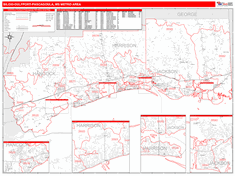 Biloxi-Gulfport-Pascagoula Metro Area Wall Map Red Line Style 2024